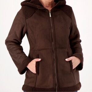 Koolaburra by UGG Faux Suede Hooded Coat Sherpa Lining Trim Chocolate